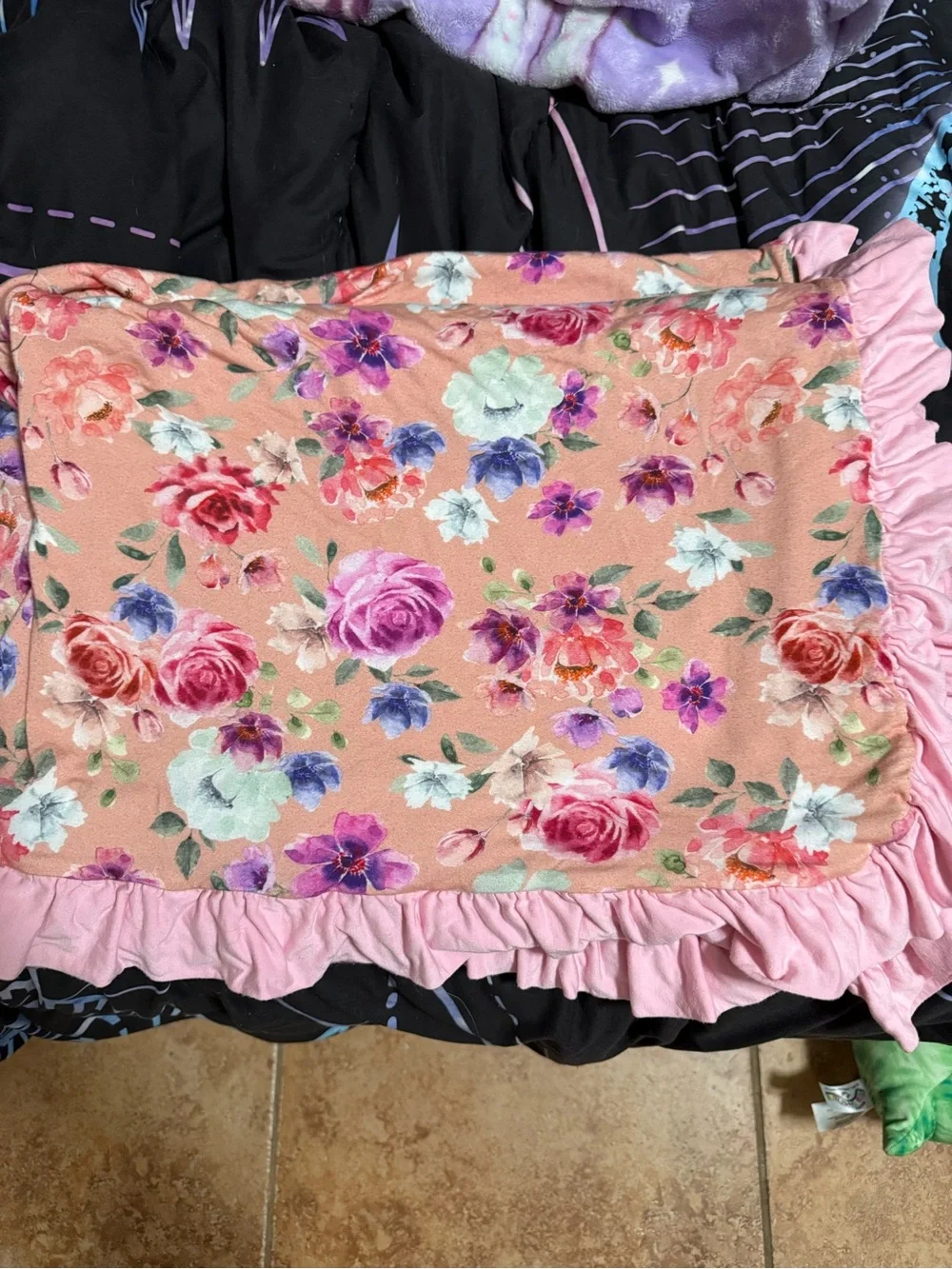 Posh Peanut Peach Floral Throw Blanket with Pink Ruffle